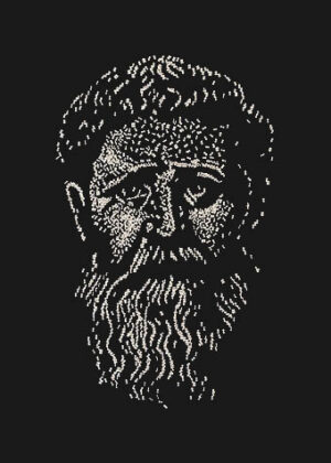 Augustinus Jochen Hoeller Collage Kunstwerk Philosophen Portraet Woerter Glaube Wissen