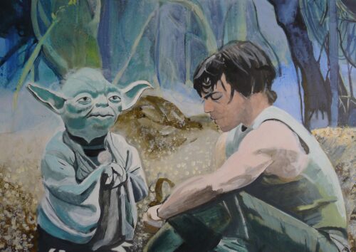 Anne Suttner Zeichnung: Meister Yoda mit Padawan Luke Skywalker auf Dagobah: die Macht ist stark in dir!