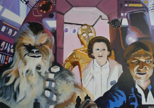 Anne Suttner Zeichnung: Wookiee Chewbacca, Prinzessin Leia, C-3PO und Han Solo im Millennium Falken